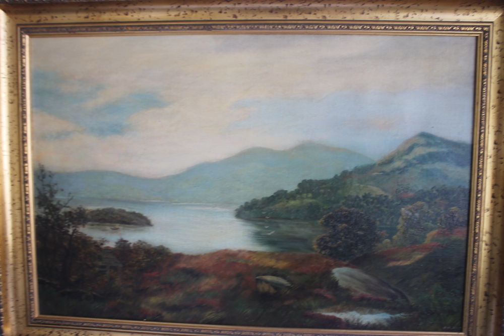 A LARGE FRAMED OIL ON CANVAS OF A LAKESIDE SCENE, signed "M. Allen" 62 x 68 cm - Image 2 of 4