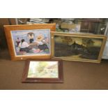 TWO FRAMED OILS ONE DEPICTING A FARMYARD SCENE THE OTHER A COTTAGE, together with a modern print