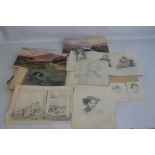 A FOLDER OF PENCIL DRAWINGS AND PAINTINGS