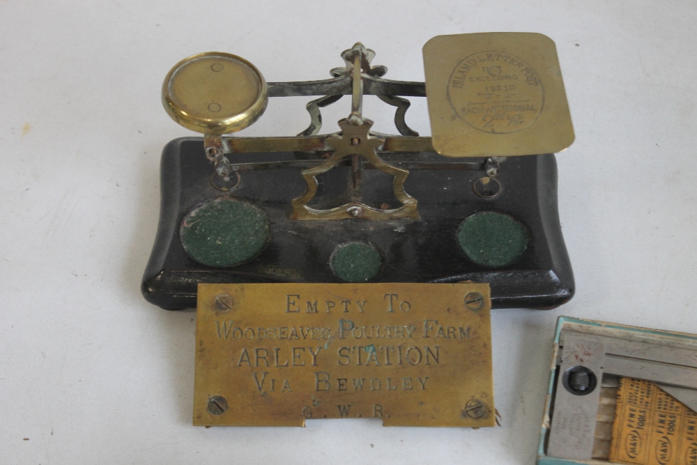 A BOX OF COLLECTABLES, to include postal scales, money box, weights, drawing sets etc - Image 2 of 6