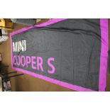 A MINI COOPER ORIGINAL DEALERS SHOWROOM BANNER, in purple, black and white approx. 145 x 350 cm