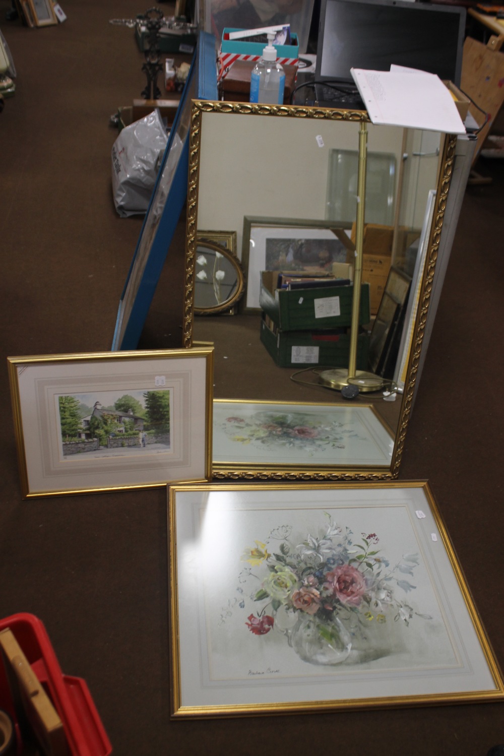 A GILT FRAMED MIRROR, 60 x 95 cm together with two prints