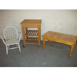 THREE ITEMS COMPRISING A WHITE PAINTED CHAIR IN THE STYLE OF ERCOL, A TILE TOPPED COFFEE TABLE AND A