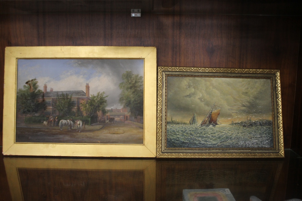 A LOCAL INTEREST OIL ON CANVAS DEPICTING A COTTAGE A/F, together with an oil on board of a ship on a