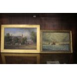 A LOCAL INTEREST OIL ON CANVAS DEPICTING A COTTAGE A/F, together with an oil on board of a ship on a