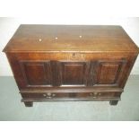 AN ANTIQUE OAK COFFER / BLANKET CHEST WITH TWO DRAWERS