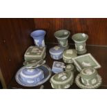 A SMALL COLLECTION OF GREEN AND BLUE WEDGWOOD JASPERWARE