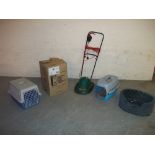 THREE CAT BEDS/CAGES, ONE NEW BOXED SPINNER AND A HOVER MOWER