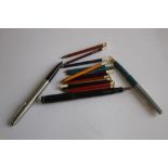 THREE VINTAGE FOUNTAIN PENS, A MENTIMORE DIPLOMA, STEEL PARKER AND A SHEAFFER WHITE DOT, along