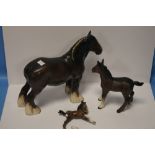 A BESWICK SHIRE HORSE together with two Beswick foals (one A/F)