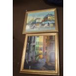 A FRAMED VENETIAN TYPE CANAL SCENE, together with a continental city scene