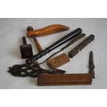 A COLLECTION OF ASSORTED TREEN, to include a truncheon, love spoon, owl letter opener etc