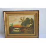 A FRAMED OIL ON CANVAS DEPICTING A RIVER SCENE