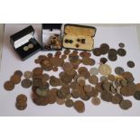 A QUANTITY OF BRITISH PRE DECIMAL COINS, and a selection of cuff links