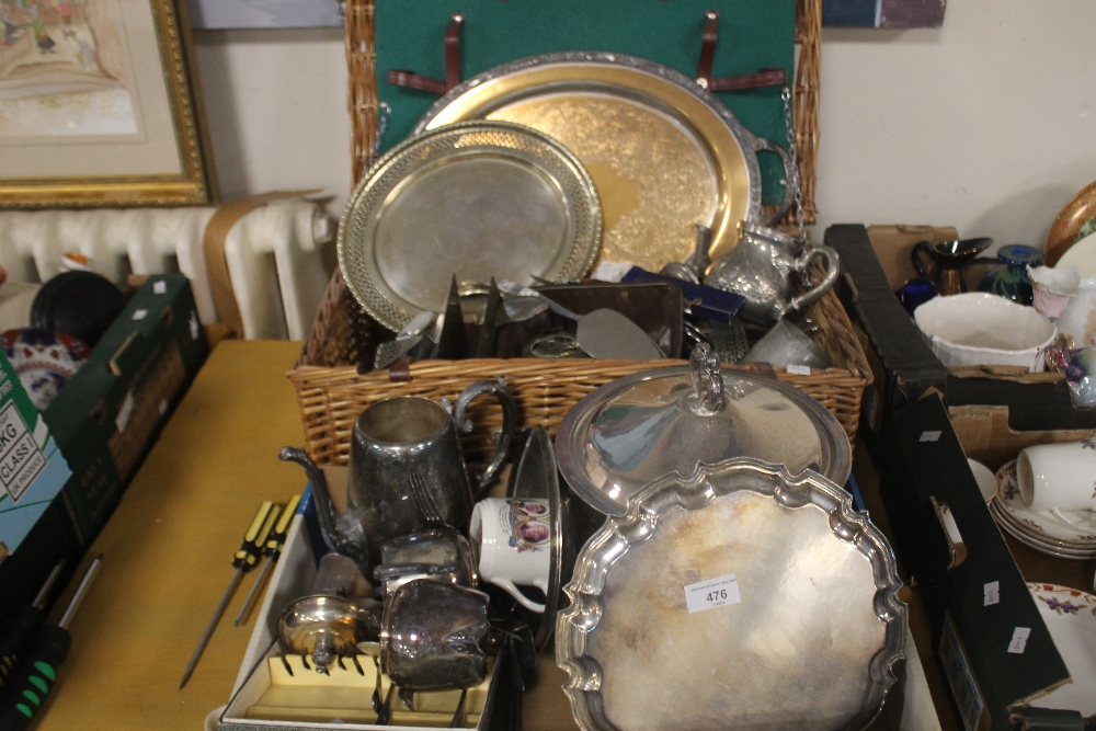 A BASKET AND A BOX OF METALWARE