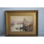 HARRY WANLESS - a watercolour of boats in a harbour in gilt frame, signed lower right, 62 x 78