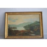 A LARGE FRAMED OIL ON CANVAS OF A LAKESIDE SCENE, signed "M. Allen" 62 x 68 cm