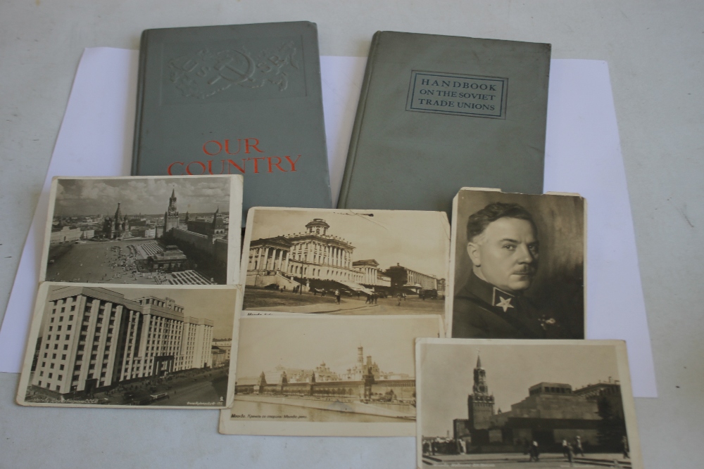 A USSR INTEREST HANDBOOK ON THE SOVIET TRADE UNION, and a small group of related postcards, one