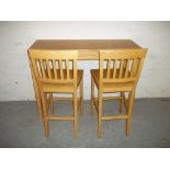 A HIGH BENCH DINING TABLE AND TWO TALL CHAIRS