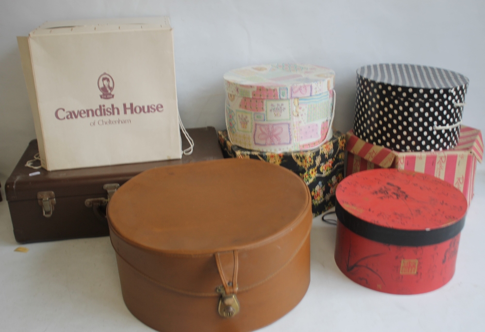 AN ANTLER HATBOX, A SMALL METAL SUITCASE and a quantity of card hat boxes to include Marshall &