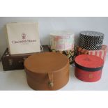 AN ANTLER HATBOX, A SMALL METAL SUITCASE and a quantity of card hat boxes to include Marshall &