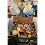 A TRAY OF TREEN TOGETHER WITH A TRAY OF ELECTRICALS TO INCLUDE LAMPS (trays not included)