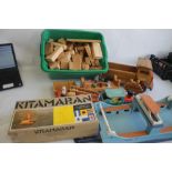 A QUANTITY OF WOODEN TOYS to include a boxed Kitmaran model, large vintage ferry, home built trucks,