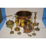 A COPPER AND BRASS COAL BUCKET together with a quantity of candlestick holders, copper kettle etc.