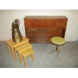 A TEAK BOOKCASE, A BRASS COAL SCUTTLE, A MODERN NEST OF THREE TABLES AND A MARBLE TOPPED BRASS