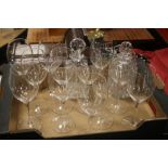 A TRAY OF WINE GLASSES AND DECANTERS (tray not included)