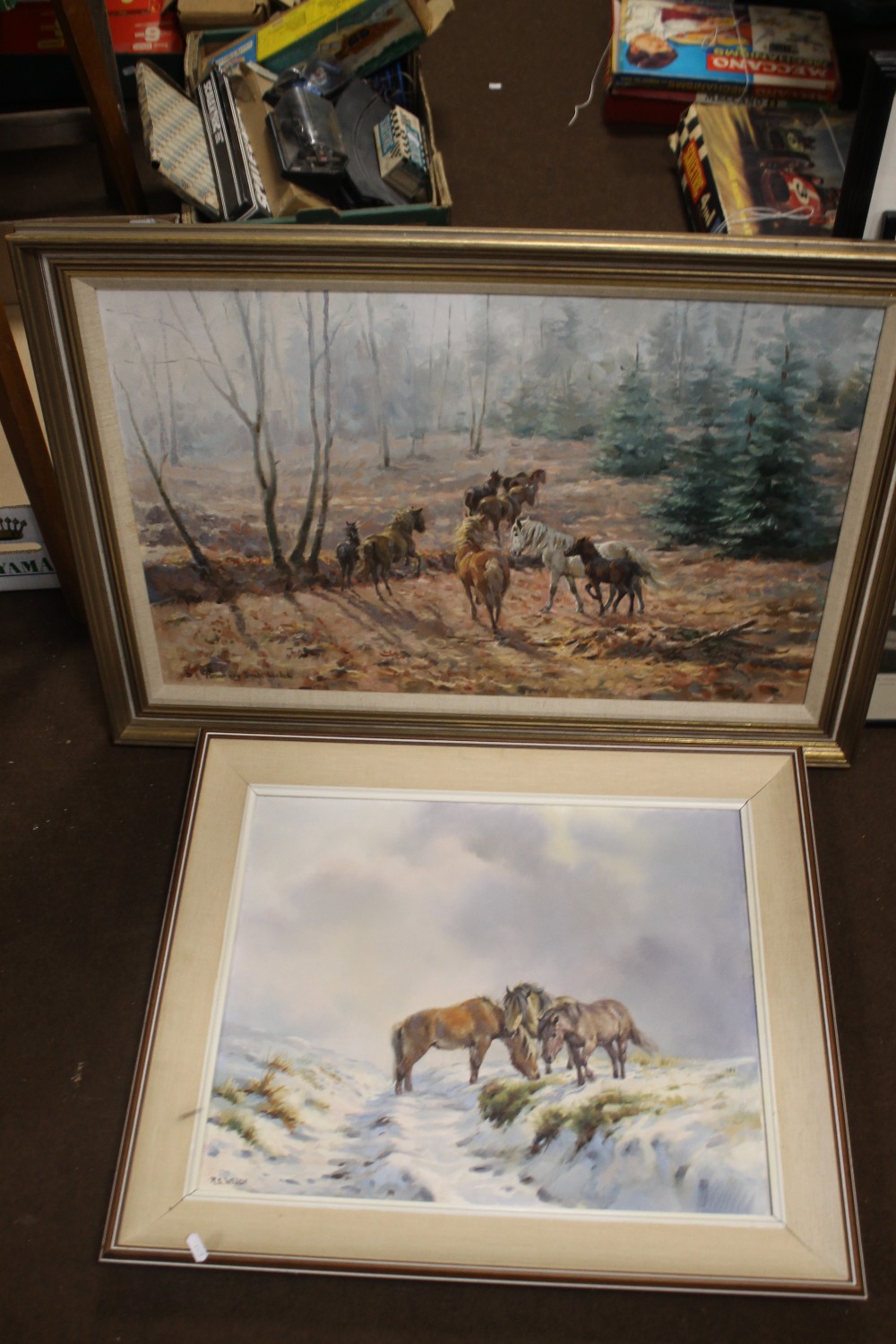 TWO FRAMED OILS DEPICTING HORSES, both signed "R.S.Welch