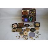 A BOX OF CURIOS, to include 16 compacts, enamel pin badges, pen knives, compass etc