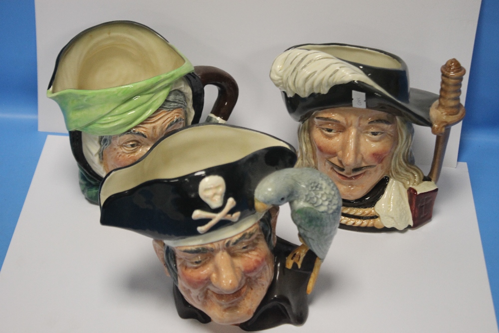 THREE ROYAL DOULTON CHARACTER JUGS to include Sairey Gamp, Aramis and Long John Silver (3)