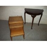 A VINTAGE HALF MOON HALL TABLE WITH CABRIOLE LEGS AND A TEAK NEST OF TABLES