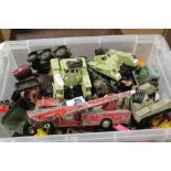 A TUB OF PLAYWORN DIECAST VEHICLES to include military vehicles, fire engines etc.