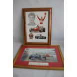 FRAMED RACING INTEREST PRINTS ENTITLED ,'TRIBUTE TO EDDIE IRVINE' BY STUART MCINTYRE and 'Damon's