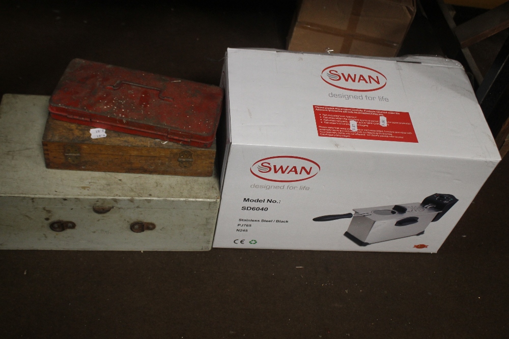 A BOX OF STAINLESS STEEL FRYER, AND A SMALL QUANTITY OF TOOLS ETC.