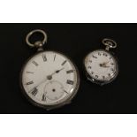 A SILVER OPEN FACED MANUAL WIND POCKET WATCH (NO SECONDS HAND) TOGETHER WITH A SMALL SILVER NIELLO