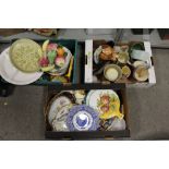 THREE TRAYS OF ASSORTED CERAMICS TO INCLUDE HAND PAINTED CABINET PLATES, CERAMIC WALL HANGINGS, ETC