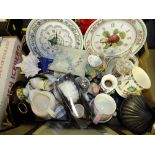 FOUR TRAYS OF ASSORTED CERAMICS TO INCLUDE MINTON HADDON HALL, PORTMEIRION CLOCKS ETC.