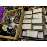 A TRAY OF SNOOKER TABLE ASH TRAYS AND A BOX OF CAPODIMONTE FIGURES