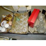TWO TRAYS OF CRYSTAL AND CUT GLASS TOGETHER WITH A SMALL TRAY OF CERAMICS