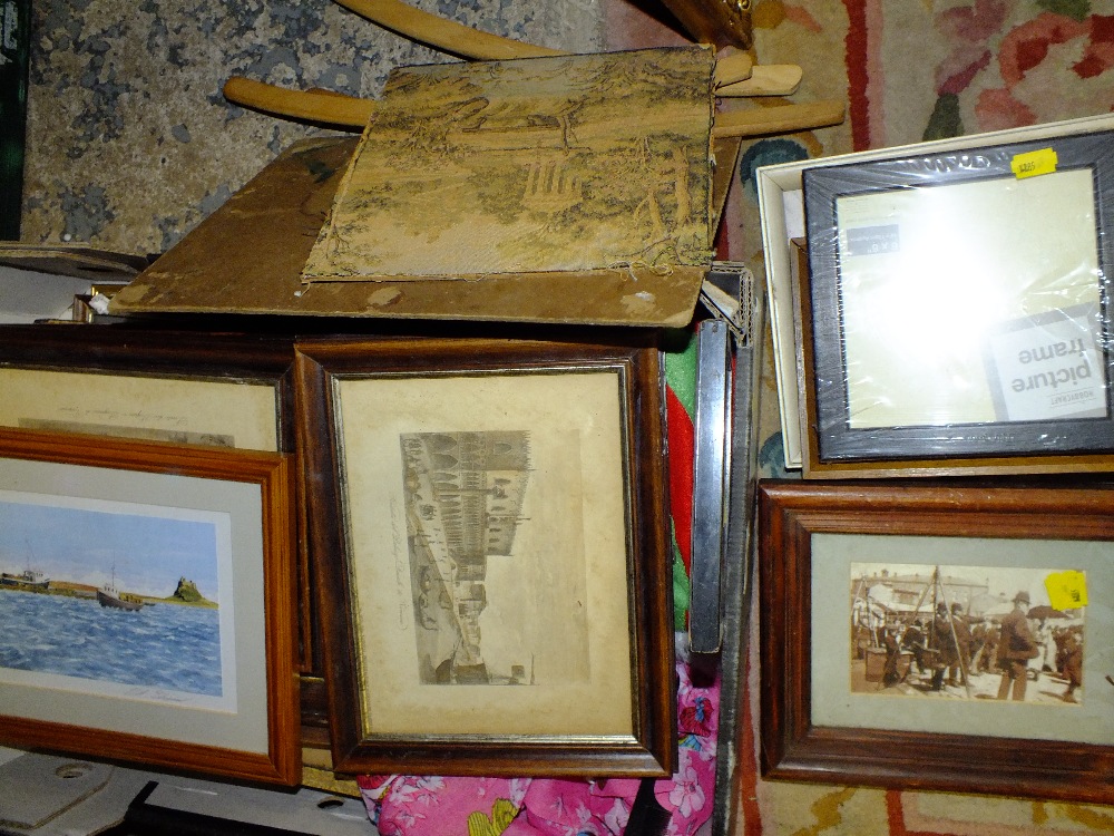 A TRAY OF PICTURES, PRINTS AND FRAMES TO INCLUDE AN OIL ON BOARD OF A CHURCH - Image 2 of 2