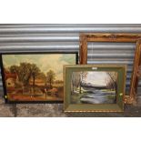 A FRAMED OIL OF A WOODED RIVER SCENE SIGNED E CRUTCHLOW 1973 - OVERALL SIZE 41.5CM X 51.5CM TOGETHE