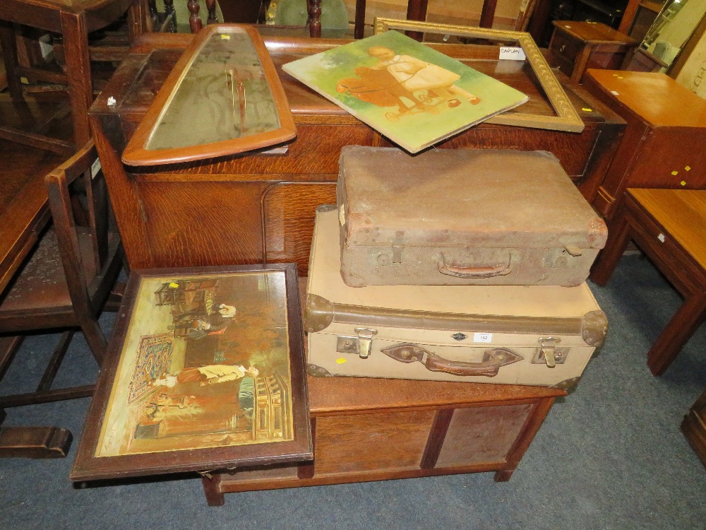 A VINTAGE SUITCASE, RETRO MIRROR, PICTURES ETC