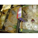 THREE TRAYS OF GLASSWARE AND CRYSTAL ITEMS TO INCLUDE A PAIR OF WATERFORD VASES