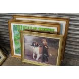 A QUANTITY OF LARGE FRAMED AND GLAZED PICTURES AND PRINTS TO INCLUDE IMPRESSIONIST SCENES AND CLASS