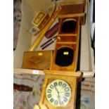 A BOX OF TREEN TO INCLUDE WOODEN CLOCKS AND A WOODEN CHAIR