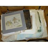 A TRAY OF WATERCOLOURS AND EPHEMERA ETC.