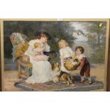 A LARGE FRAMED AND GLAZED CLASSIC VICTORIAN SCENE PRINT OF A FAMILY SCENE WITH PUPPIES IN A BASKET